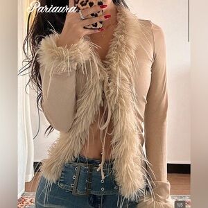 Faux Fur Trim Open Cardigan - Camel/Tan